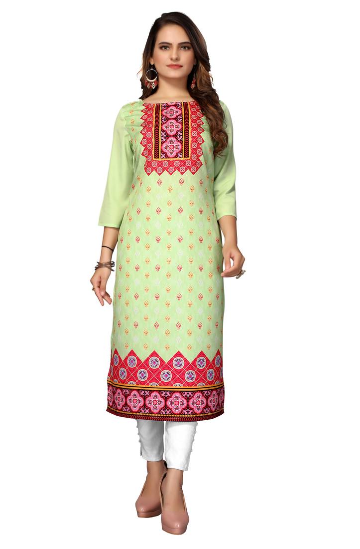 Mohvogue Women's Green Printed Poly Crepe Kurta.