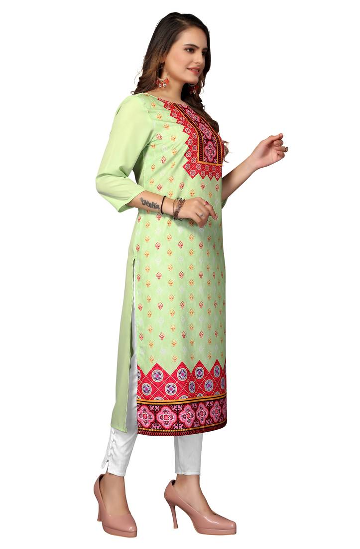Mohvogue Women's Green Printed Poly Crepe Kurta.