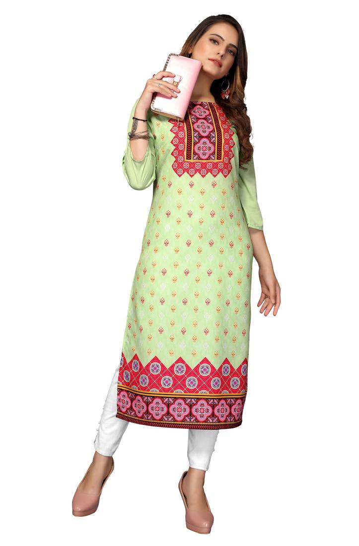 Mohvogue Women's Green Printed Poly Crepe Kurta.