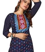 Mohvogue Women's Navy Blue Printed Poly Crepe Kurta.