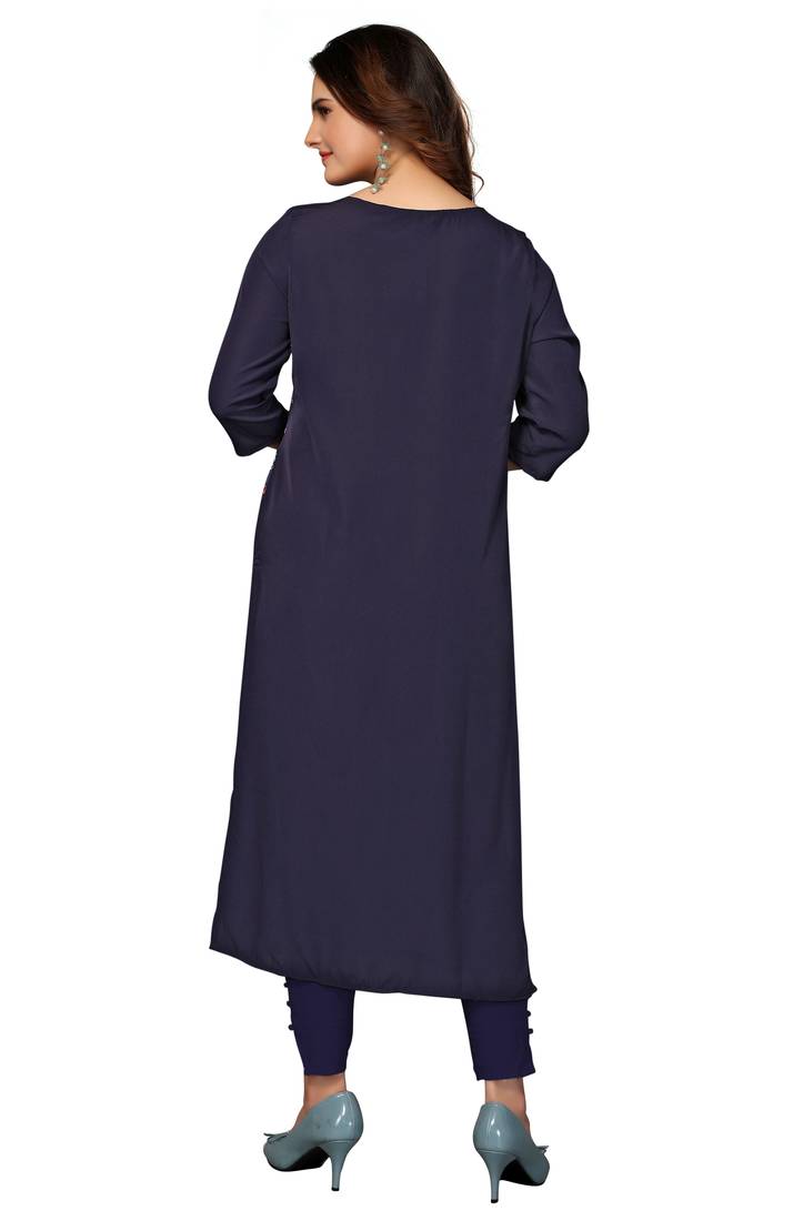 Mohvogue Women's Navy Blue Printed Poly Crepe Kurta.