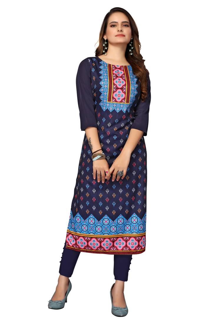 Mohvogue Women's Navy Blue Printed Poly Crepe Kurta.