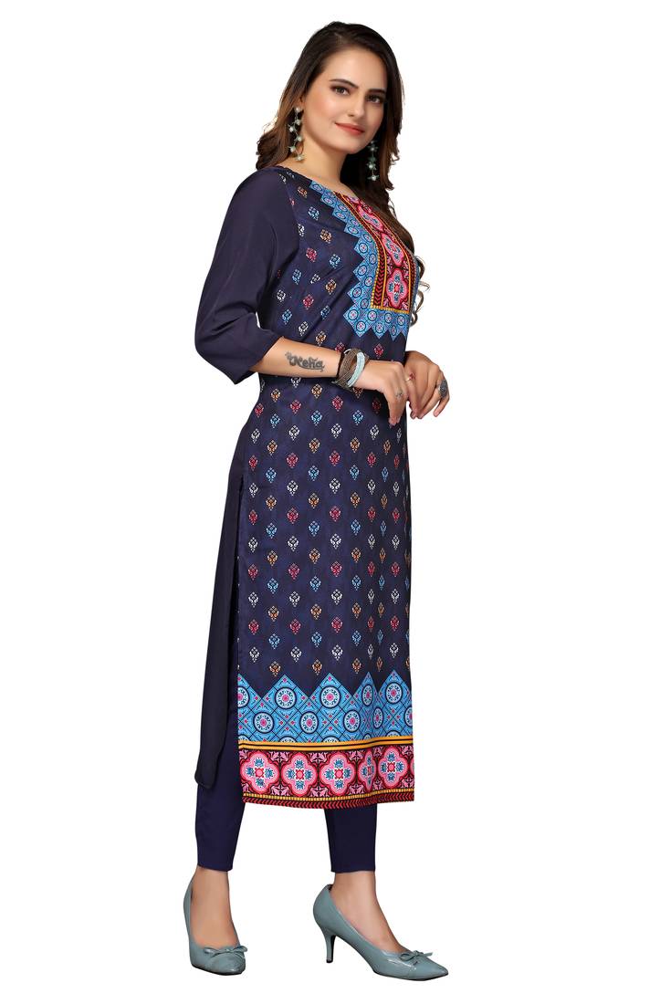 Mohvogue Women's Navy Blue Printed Poly Crepe Kurta.