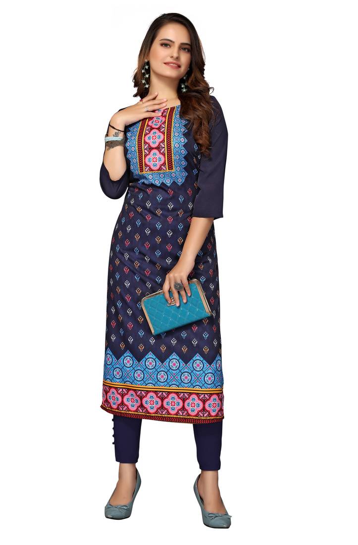 Mohvogue Women's Navy Blue Printed Poly Crepe Kurta.