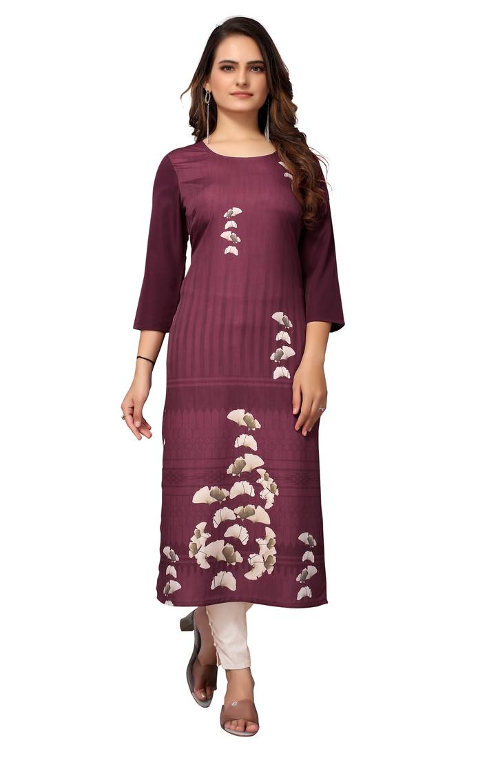 Mohvogue Women's Maroon Floral Print Poly Crepe Kurta.