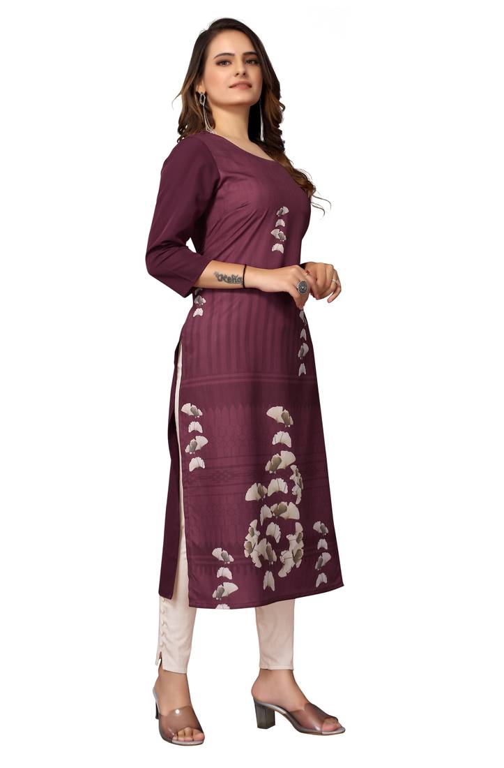 Mohvogue Women's Maroon Floral Print Poly Crepe Kurta.