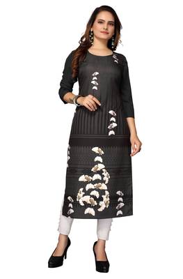 Mohvogue Women's Grey Floral Print Poly Crepe Kurta. 3