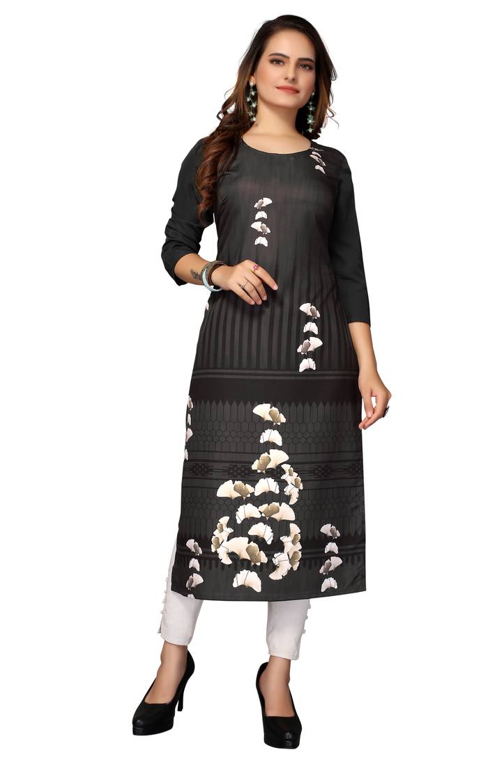 Mohvogue Women's Grey Floral Print Poly Crepe Kurta.