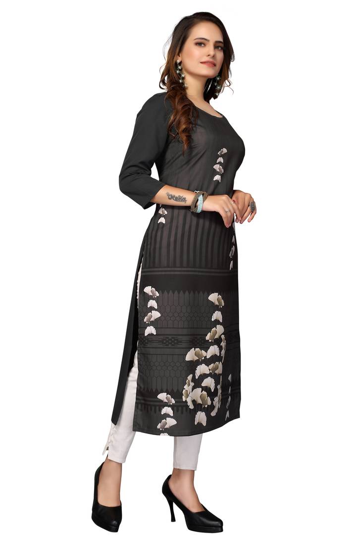 Mohvogue Women's Grey Floral Print Poly Crepe Kurta.
