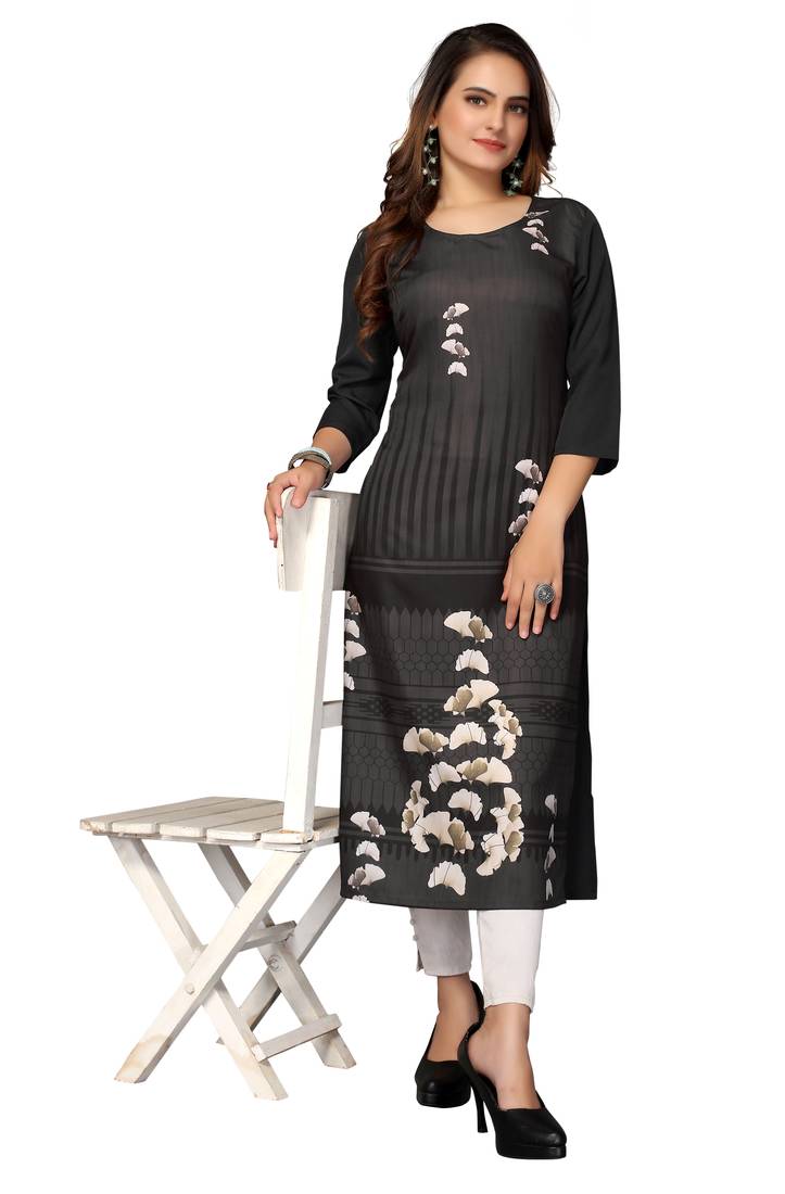 Mohvogue Women's Grey Floral Print Poly Crepe Kurta.