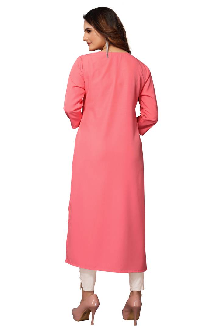 Mohvogue Women's Pink Floral Print Poly Crepe Kurta.