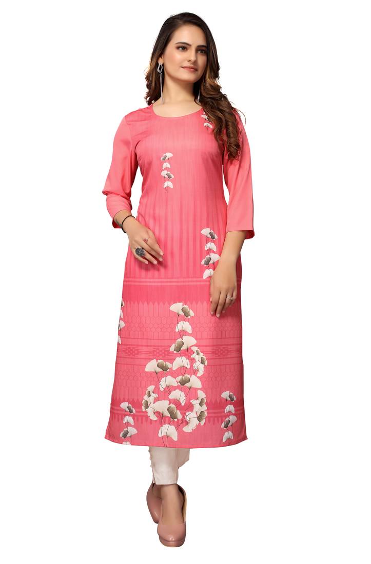 Mohvogue Women's Pink Floral Print Poly Crepe Kurta.