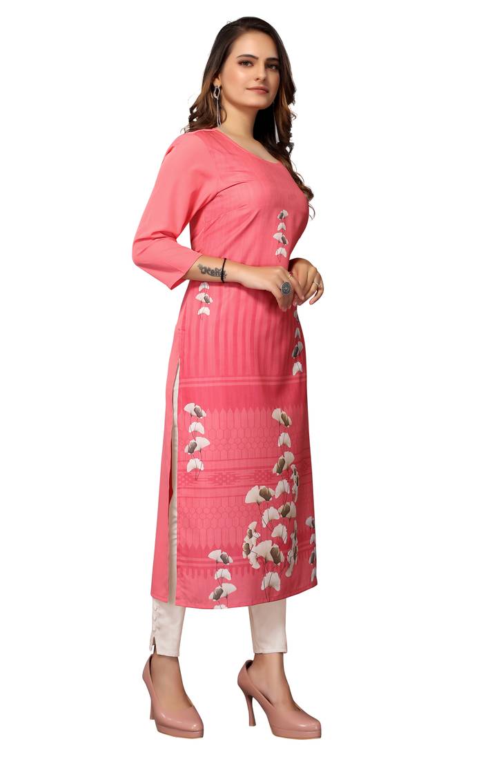 Mohvogue Women's Pink Floral Print Poly Crepe Kurta.