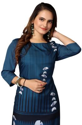 Mohvogue Women's Dark Blue Floral Print Poly Crepe Kurta. 1