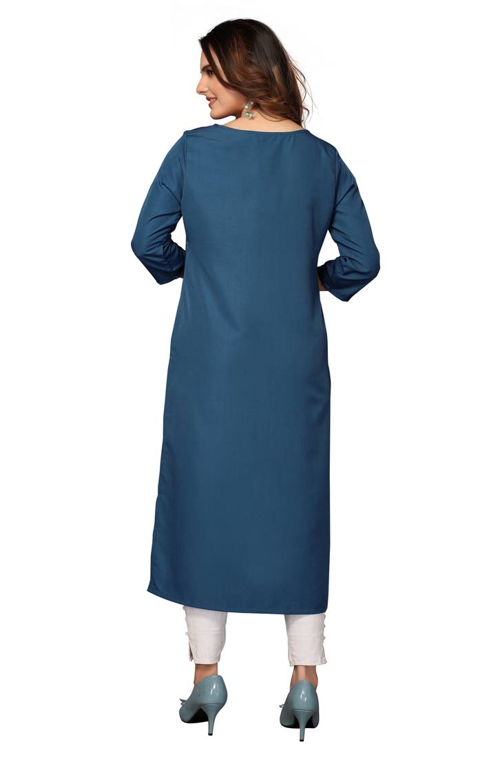 Mohvogue Women's Dark Blue Floral Print Poly Crepe Kurta.