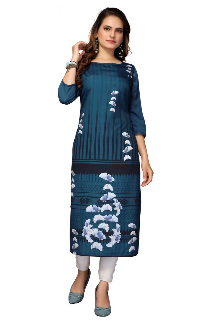 Mohvogue Women's Dark Blue Floral Print Poly Crepe Kurta.
