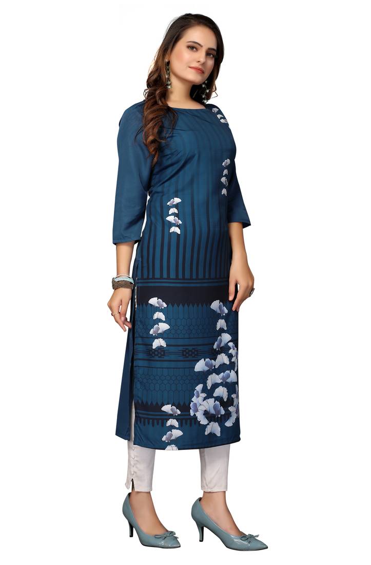 Mohvogue Women's Dark Blue Floral Print Poly Crepe Kurta.