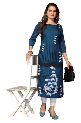 Mohvogue Women's Dark Blue Floral Print Poly Crepe Kurta. 5