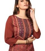 Mohvogue Women's Brown Geometric Print Poly Crepe Kurta.