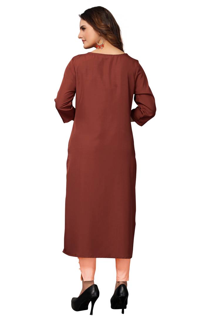 Mohvogue Women's Brown Geometric Print Poly Crepe Kurta.