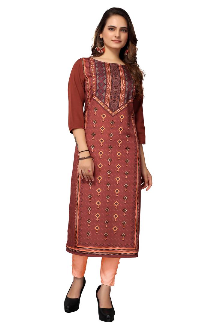 Mohvogue Women's Brown Geometric Print Poly Crepe Kurta.