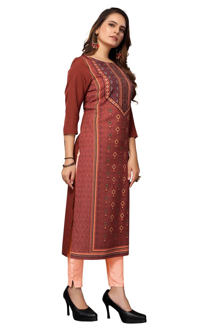 Mohvogue Women's Brown Geometric Print Poly Crepe Kurta.