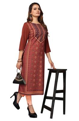 Mohvogue Women's Brown Geometric Print Poly Crepe Kurta. 5