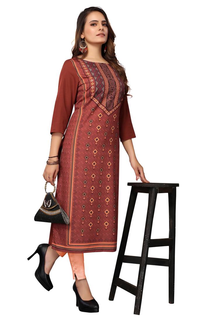 Mohvogue Women's Brown Geometric Print Poly Crepe Kurta.