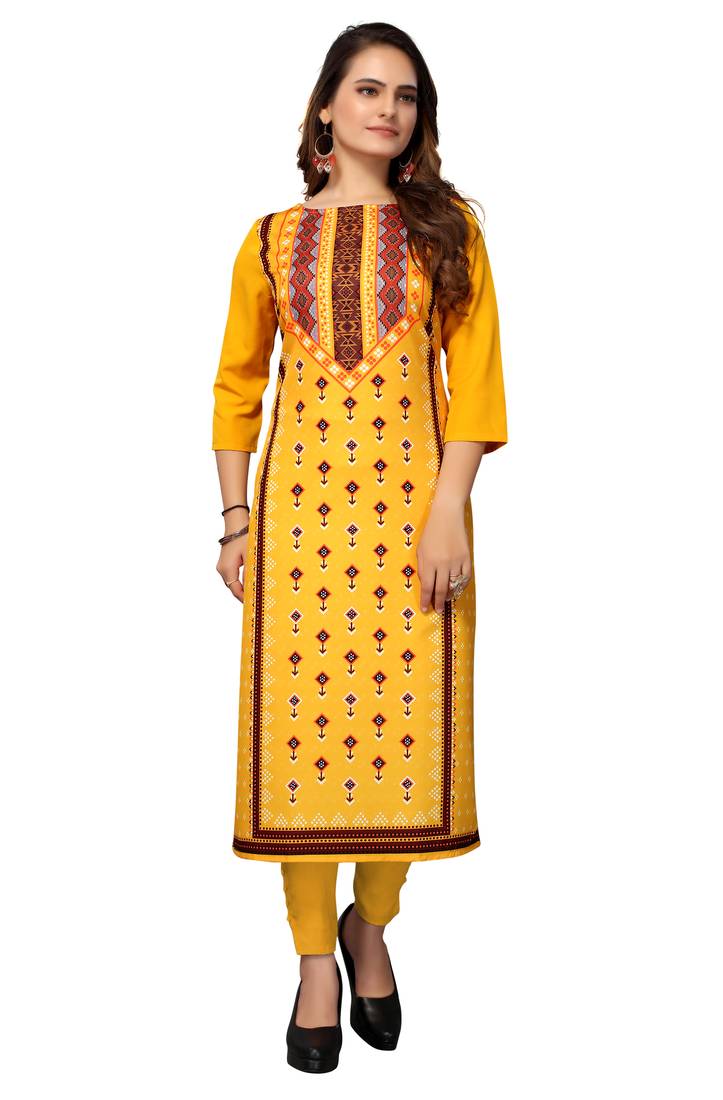 Mohvogue Women's Mustard Geometric Print Poly Crepe Kurta.
