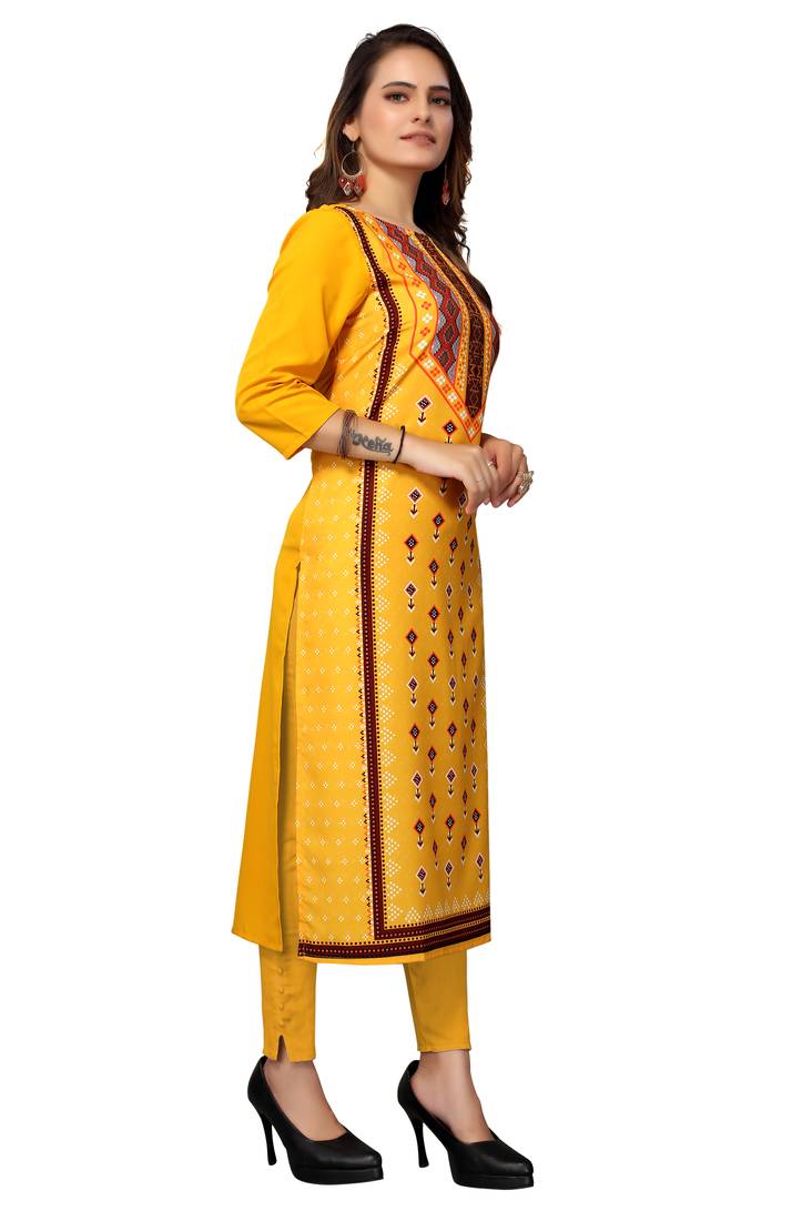 Mohvogue Women's Mustard Geometric Print Poly Crepe Kurta.