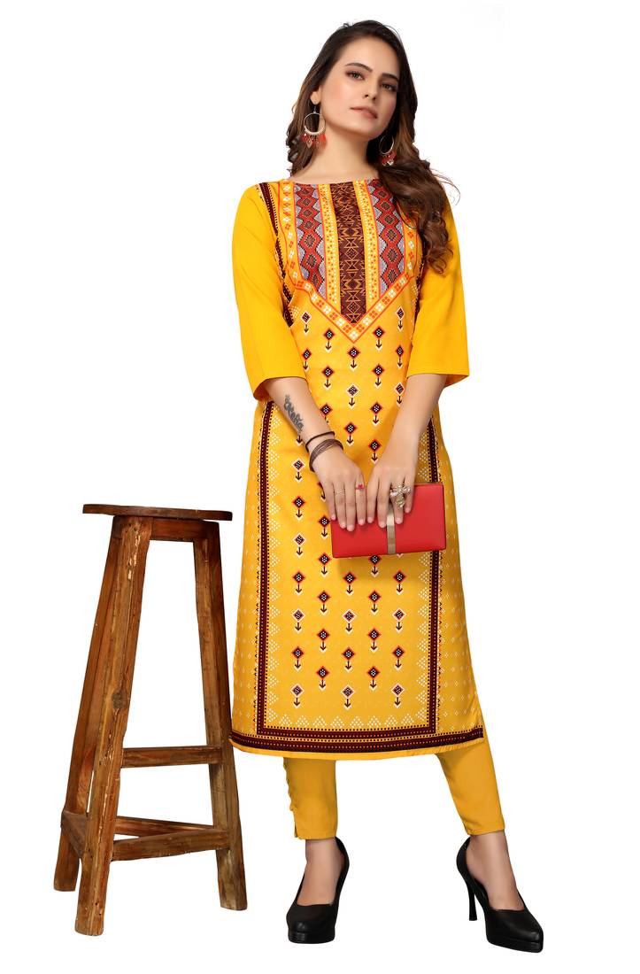 Mohvogue Women's Mustard Geometric Print Poly Crepe Kurta.