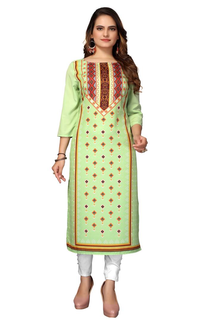 Mohvogue Women's Green Geometric Print Poly Crepe Kurta.