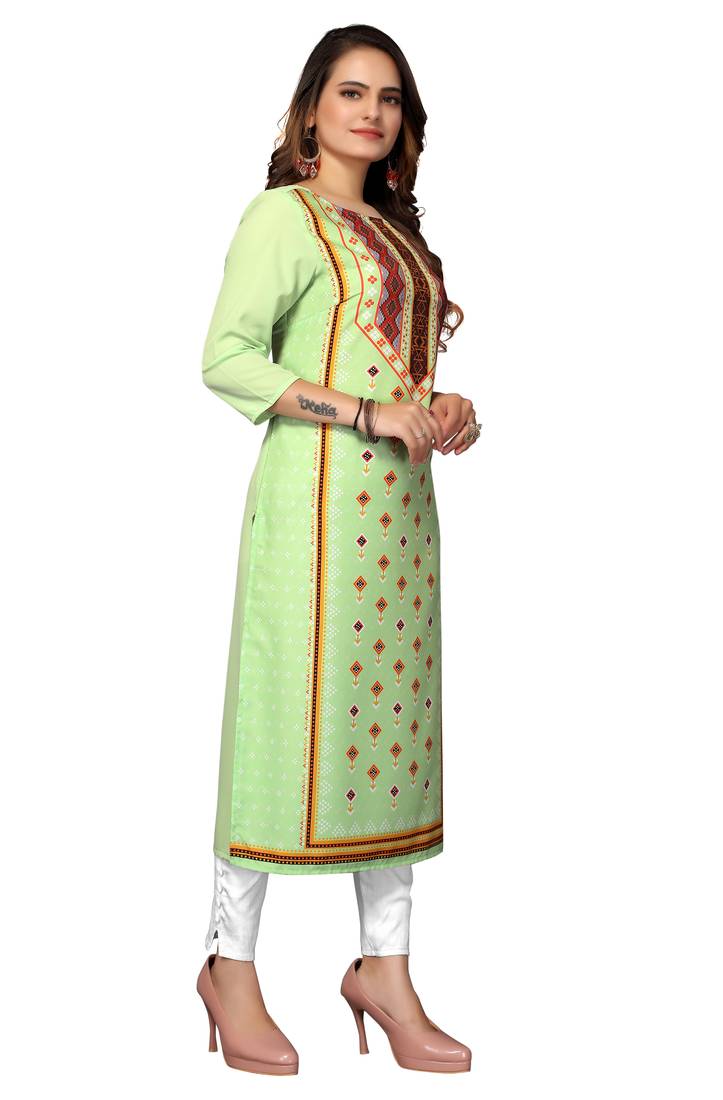Mohvogue Women's Green Geometric Print Poly Crepe Kurta.