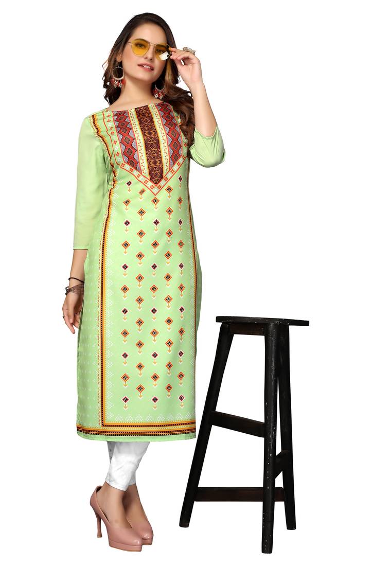 Mohvogue Women's Green Geometric Print Poly Crepe Kurta.