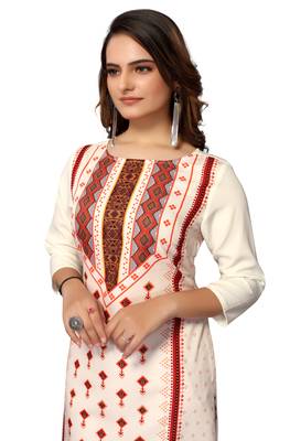 Mohvogue Women's Cream Geometric Print Poly Crepe Kurta. 1