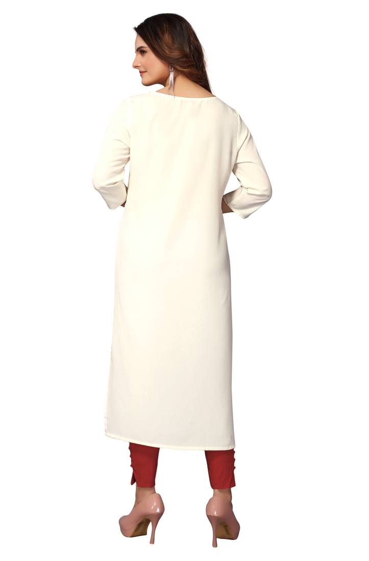 Mohvogue Women's Cream Geometric Print Poly Crepe Kurta.