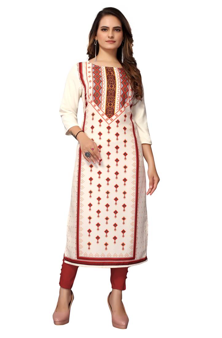 Mohvogue Women's Cream Geometric Print Poly Crepe Kurta.