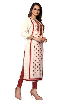 Mohvogue Women's Cream Geometric Print Poly Crepe Kurta. 4