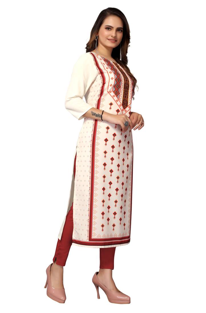 Mohvogue Women's Cream Geometric Print Poly Crepe Kurta.