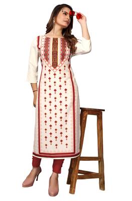 Mohvogue Women's Cream Geometric Print Poly Crepe Kurta. 5