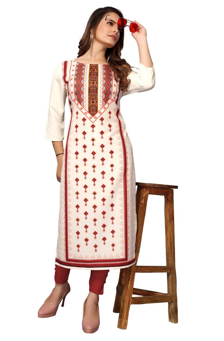 Mohvogue Women's Cream Geometric Print Poly Crepe Kurta.