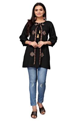 Mohvogue Mustard Embroidered Rayon Short Tops. 1