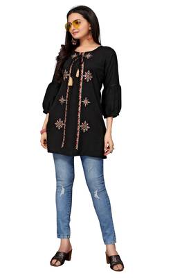 Mohvogue Mustard Embroidered Rayon Short Tops. 4