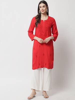 Red Hand Embroidered Lucknowi Chikankari Rayon Straight 3/4 th sleeves kurta for Women 1