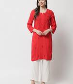 Red Hand Embroidered Lucknowi Chikankari Rayon Straight 3/4 th sleeves kurta for Women