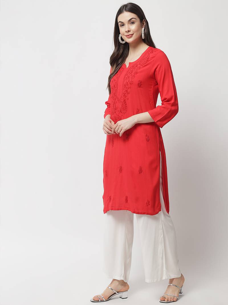 Red Hand Embroidered Lucknowi Chikankari Rayon Straight 3/4 th sleeves kurta for Women