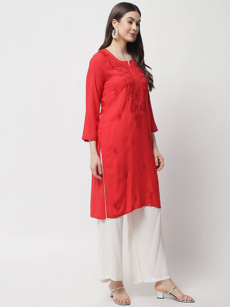 Red Hand Embroidered Lucknowi Chikankari Rayon Straight 3/4 th sleeves kurta for Women