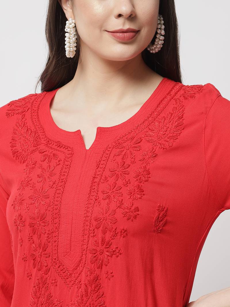 Red Hand Embroidered Lucknowi Chikankari Rayon Straight 3/4 th sleeves kurta for Women