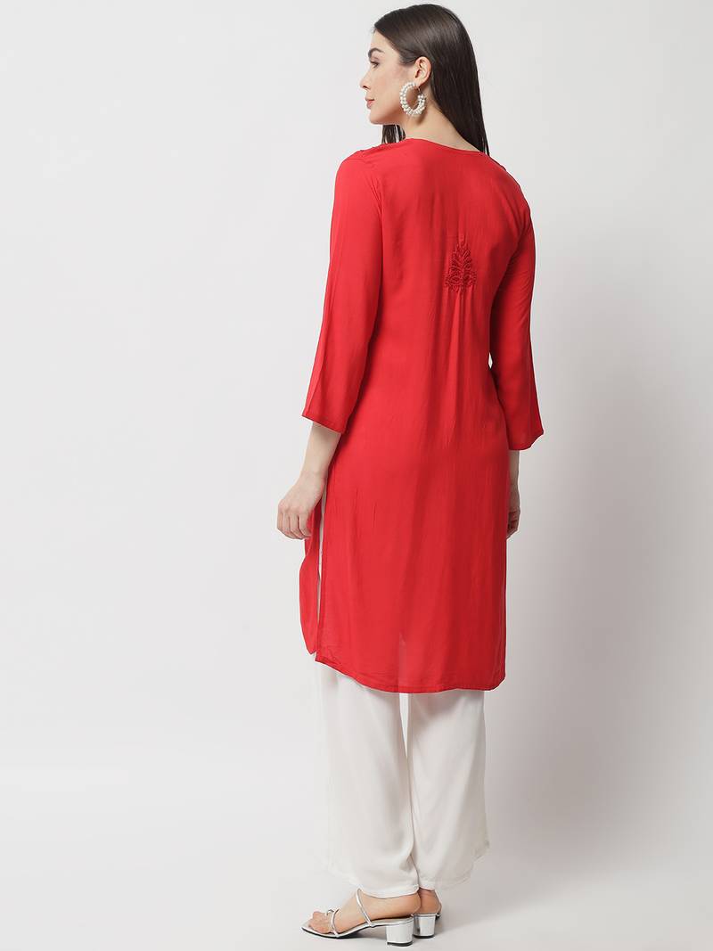Red Hand Embroidered Lucknowi Chikankari Rayon Straight 3/4 th sleeves kurta for Women