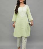 Green Lucknowi Chikankari Khadi Cotton Straight 3/4 th sleeves kurta set for Women